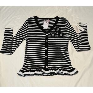 NANETTE LEPORE Peplum Stripe Sweater M Ribbed Embellished Pearls Crochet Flowers